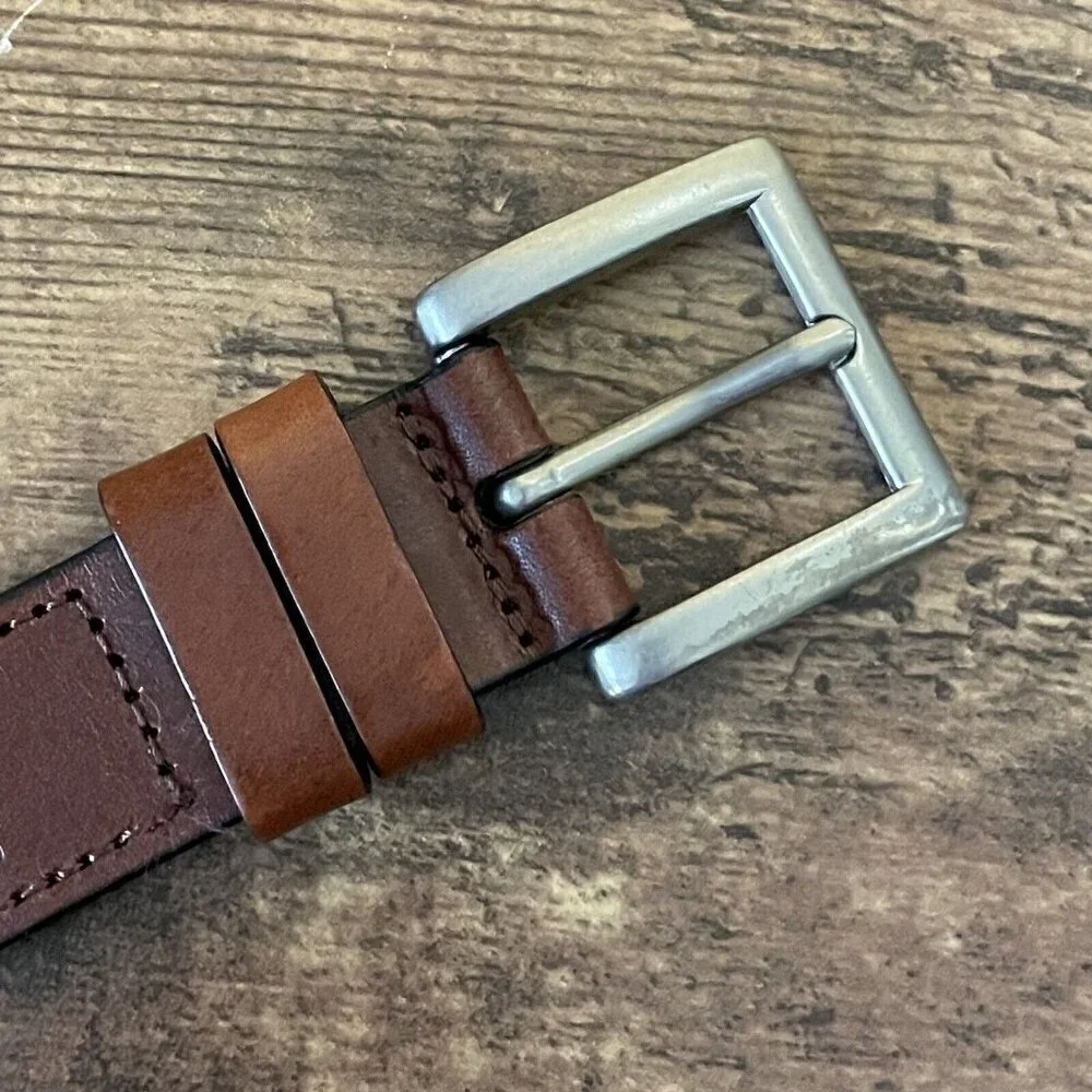 Rolf's Mens Brown Leather Belt Sz M Burnished Silver Square Buckle Dress Casual